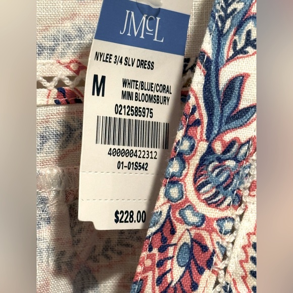 J. McLaughlin NWT Size M Blue & Pink Floral 3/4  Sleeve 100% Linen Dress (0687) - Picture 6 of 13
